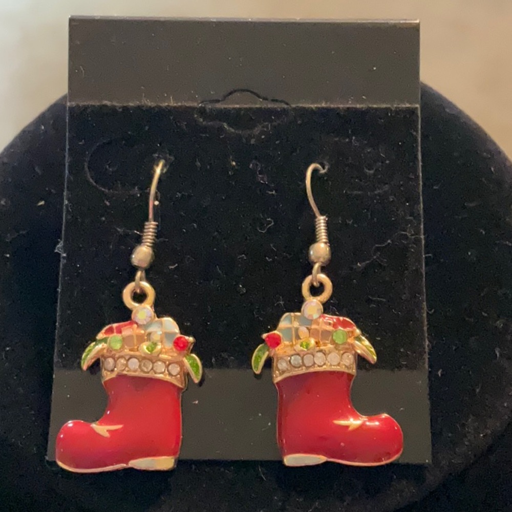 Festive Red Crystal Santa Boot Earrings
